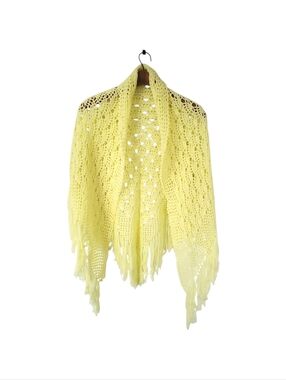 Vintage 70's Yellow Handmade Crocheted Fringe Shawl ~O/S~ Hippie ~ Festival